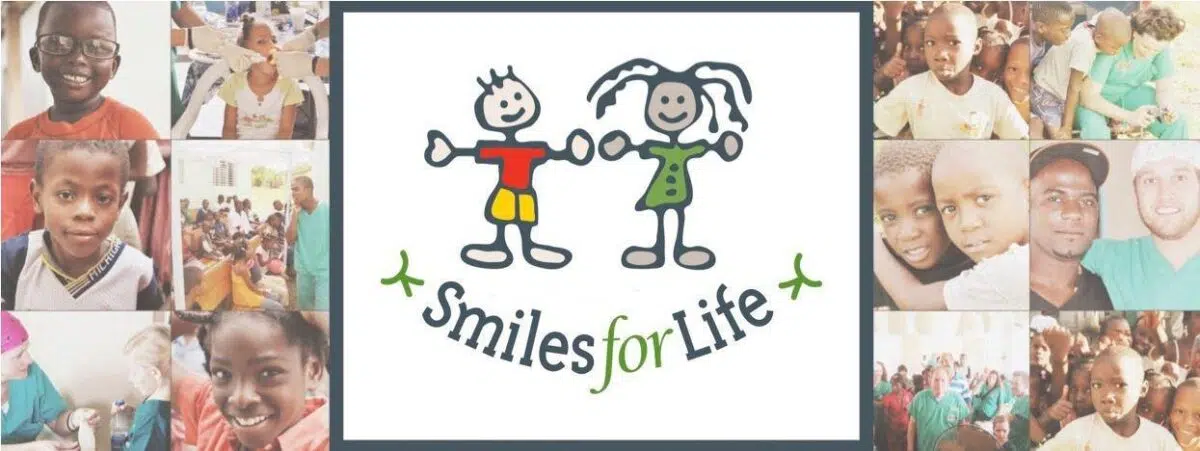 Smiles for Life Foundation logo with collage of children helped by the charitable teeth whitening campaign supported by Dr. Kostrzewski at Stony Hill Dental Care in Bethel, Connecticut